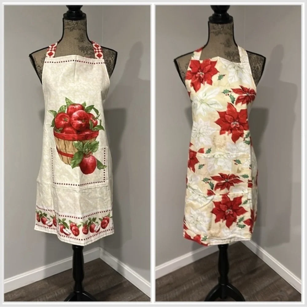 Handcrafted double sided Apron with Apples and Poinsettias with pockets